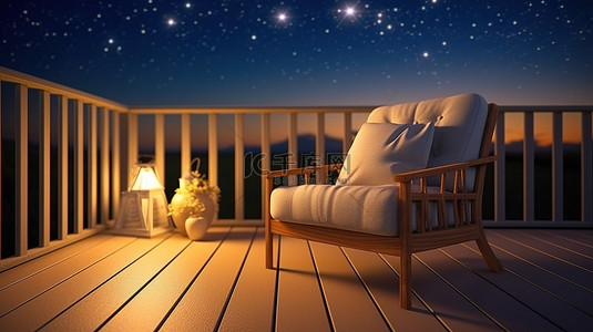 星光照亮的木制甲板上的扶手椅和咖啡桌的夜光 3D 插图