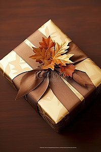 金棕色礼物，用棕色叶子包裹成蝴蝶结