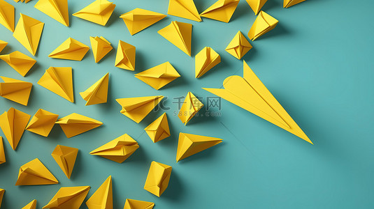 春节遇上情人节背景图片_用一架黄色纸飞机在 3D 渲染的白色和蓝色背景上翱翔来绘制领导力路线
