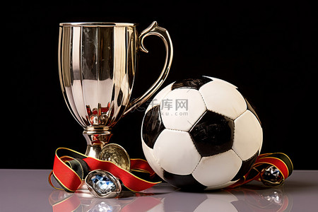 一个银杯和一个国歌足球，旁边是一个红色亚军杯和红丝带