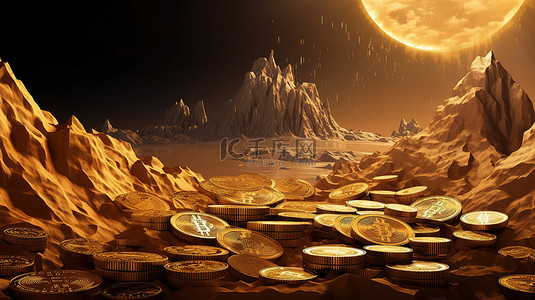世界金融背景图片_探索虚拟货币采矿世界 3D 捕捉的金山中闪闪发光的比特币硬币