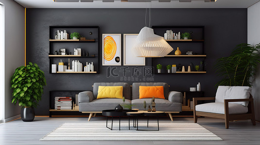 室内样机背景图片_现代室内单人沙发和架子的时尚生活空间 3D 渲染