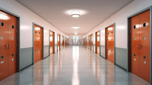 教室门口背景图片_光滑的学校走廊，配有明亮的灯柜和教室门 3D 插图