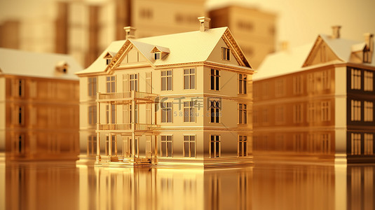 房地产模板设计背景图片_墙壁背景下的豪华金色房屋的 3D 渲染插图