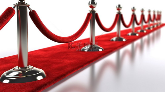 带红地毯和屏障绳的白色背景的 3d 渲染