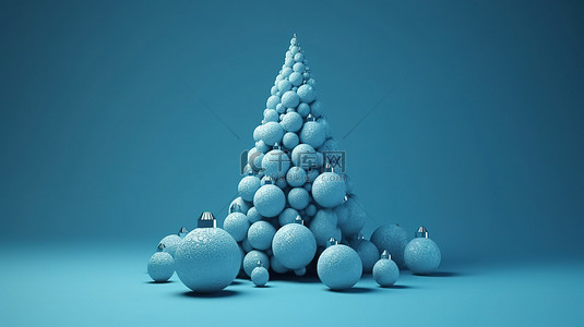 蓝色背景下 3D 渲染中的圣诞树和装饰品