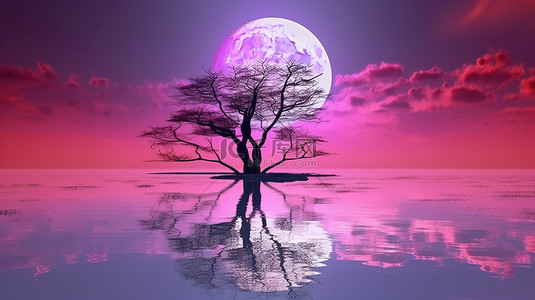幽灵般的万圣节场景满月在反光的海洋和树木在紫色粉红色的天空 3D 渲染