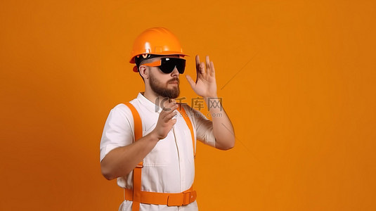 人耳背景图片_戴着橙色头盔的 3D 眼镜构建者用空白空间和光线做出手势