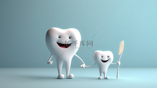 洁白的牙齿背景图片_可爱的3D卡通牙刷和牙齿渲染