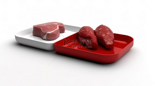 鸡架背景图片_红色和白色平坦背景上的微型牛排和鸡肉的单色 3D 图标