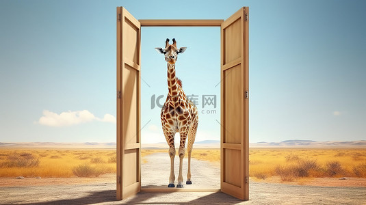 大城市大背景图片_长颈鹿穿过敞开的门的 3D 渲染