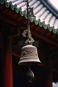 一座亚洲寺庙的屋顶上挂着钟