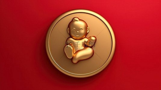 婴儿图标在闪闪发光的金盘上发光的婴儿标志 3D 渲染的社交媒体标志