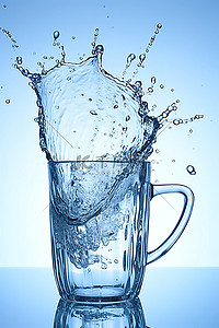 蓝色背景冰背景图片_蓝色背景上的一杯水突然溅起水花