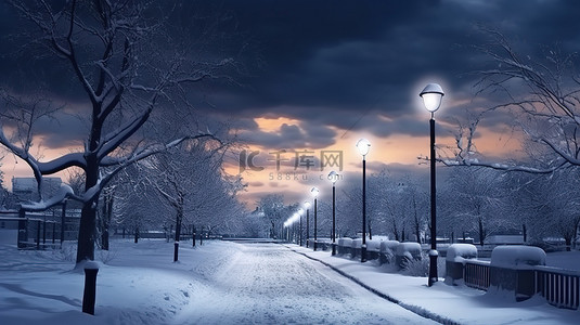 午夜冬季仙境路灯照亮的雪景的 3D 渲染