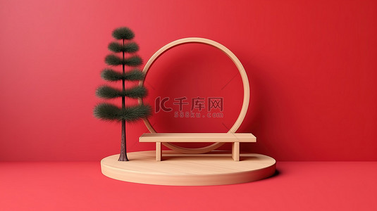 红色复古圆圈背景图片_日本松和讲台的 3D 渲染，带有红色圆圈背景，用于产品展示