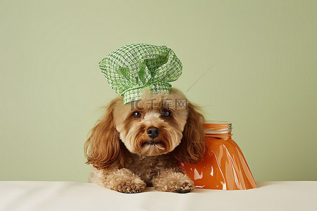 头发背景图片_一只棕色头发的狗坐在桌子上，头上套着塑料袋