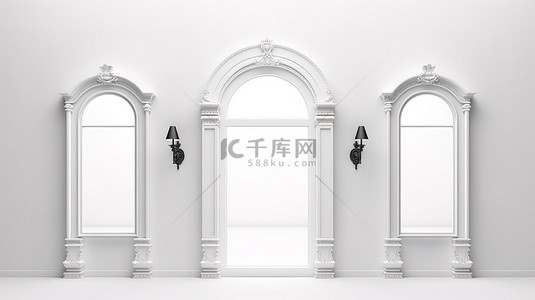 使用 3D 渲染技术创建的经典设计的三联镜框，搭配白墙
