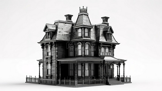 维多利亚风格黑屋的 3D 渲染，从各个角度观看白色背景上的复杂细节