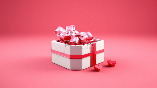用打开的礼品盒和红丝带打开粉红色背景的当前 3D 插图