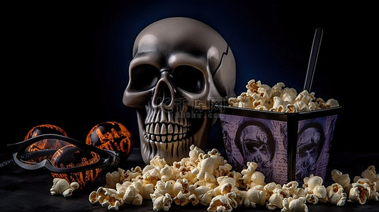 吸血鬼主题背景图片_万圣节主题爆米花 3D 眼镜和黑色背景骷髅的顶视图，适合恐怖电影之夜