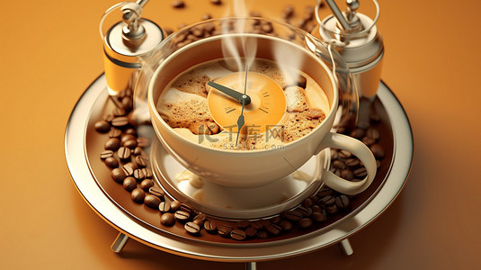 由咖啡杯制成的时钟的 3D 插图，表盘为热气腾腾的热饮
