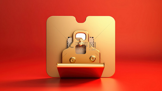 红色哑光金板上的金色打开文件夹符号 3D 渲染图标用于文件管理