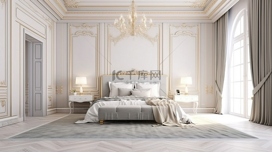设计优雅的卧室，配有永恒的白色墙壁 3D 渲染，配有白色床和灰色毯子