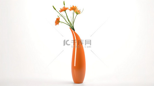 精致的橙色花瓶在 3D 渲染的干净白色背景上增加了花卉布置的高度