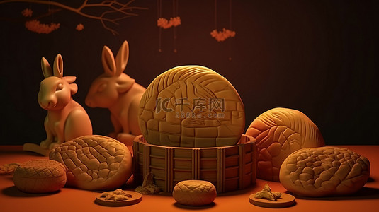 中秋节月饼和兔子在满月下的 3d 渲染