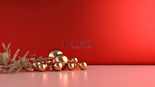 红色背景的金色圣诞树和节日装饰品的 3D 渲染，非常适合节日问候和冬季庆祝活动