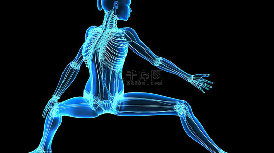 在瑜伽姿势 3D 渲染中突出显示女性医疗人物的骨干