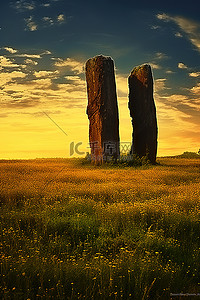 日出蓝天背景图片_田野里一座古老的石碑衬托着蓝天