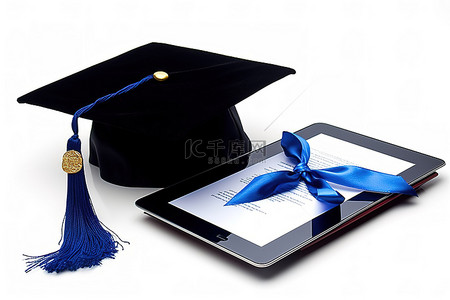 带有 ipad 的毕业帽或文凭的图像蓝丝带和文凭