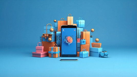 物品移动背景图片_数字营销概念浮动购物物品和手机在蓝色背景上通过智能手机 3D 渲染进行在线购物
