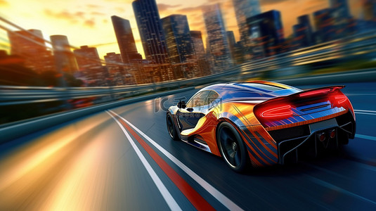 未来概念中想象中的赛车驶向城市街道的 3D 插图