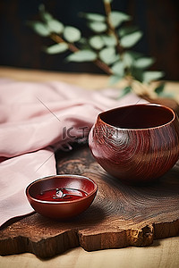 一个木碗放在一碗茶前面