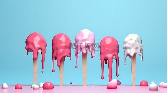 融化的粉色棒冰淇淋在宁静的柔和蓝色背景 3D 夏季插画上创造出充满活力的图案