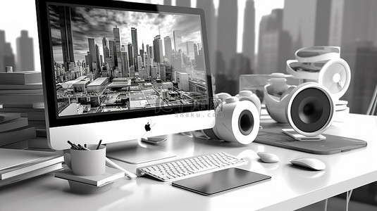 黑白台式电脑的 3D 渲染图形设计