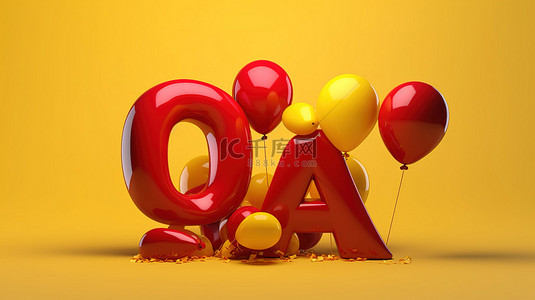 红色语音气泡与 q 一个词 3d 渲染的问题和答案的概念隔离在黄色背景与阴影