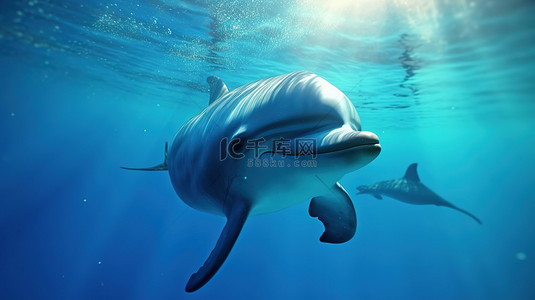 骑海豚的小孩背景图片_3d 渲染中的水下卡通海豚