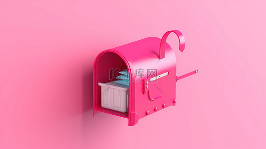 office邮箱背景图片_粉红色背景的 3D 插图，带有开放邮箱，用于具有复制空间的信件