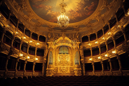 紧握扶手背景图片_令人印象深刻的金色装饰歌剧院在夜间被照亮