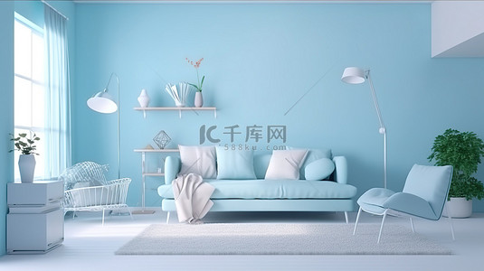 房间的 3D 渲染，采用柔和的蓝色和白色配色方案，配有家具和配件