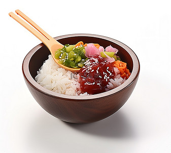 用木勺盛一碗米饭和蔬菜