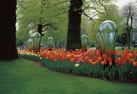 的公园背景图片_有花瓶的公园，里面装满了郁金香
