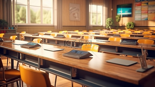创新的数字教室是现代在线教育的概念，配有 3D 渲染的桌子和笔记本电脑