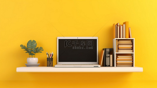黄色方形背景背景图片_方形背景上托管笔记本电脑 3D 插图的黄色架子