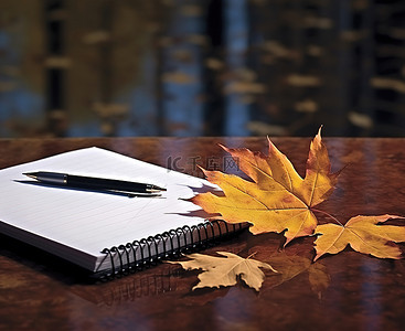 一本带笔的笔记本放在一些叶子之前