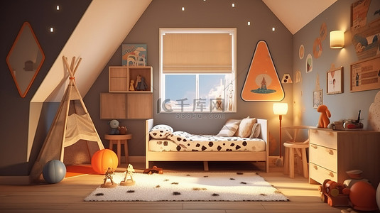 儿童卧室里一张舒适的床的 3D 渲染插图，窗户充足